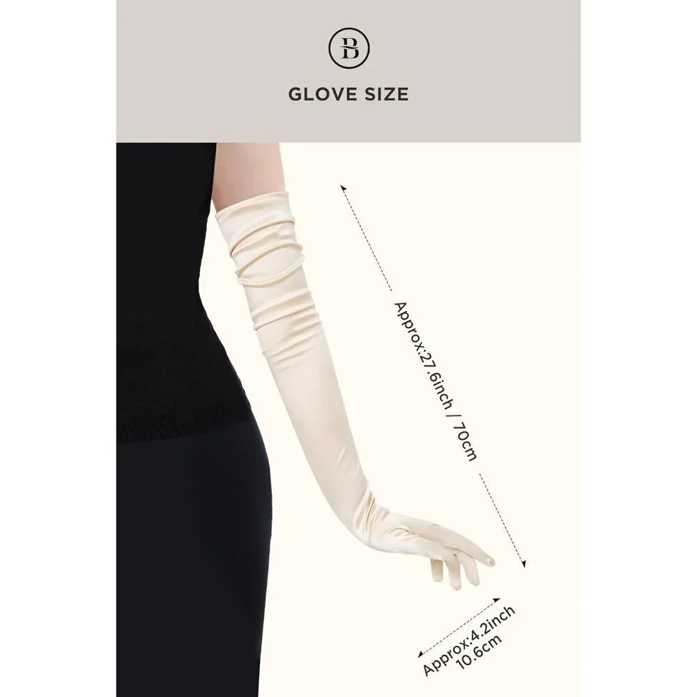 Women's Long Satin Gloves Champagne Stretchy Upper Arm Length Costume Design